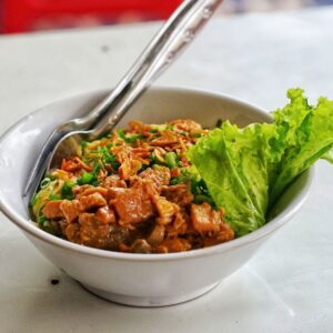 Savor a tempting bowl of Indonesian chicken noodles garnished with fresh greens and crispy shallots.